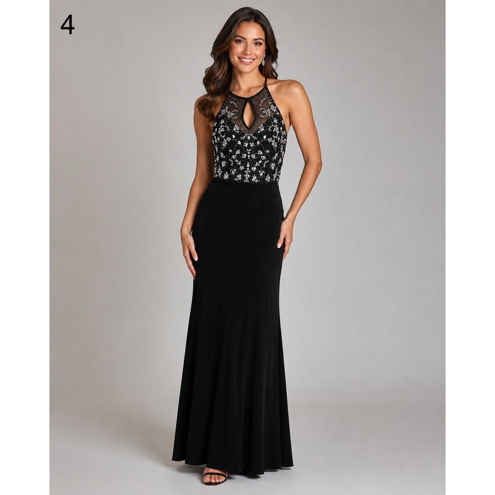Vintage Y2K B Darlin Black Velvet Halter Neck Beaded Formal Gown Juniors 1/2